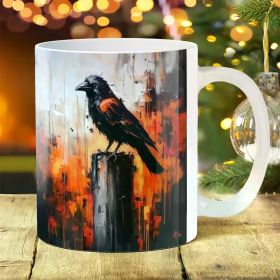 1pc Artistic Raven Design 11oz Ceramic Coffee Mug, Large Handle, Durable for Home, Outdoor Camping, Picnic, and